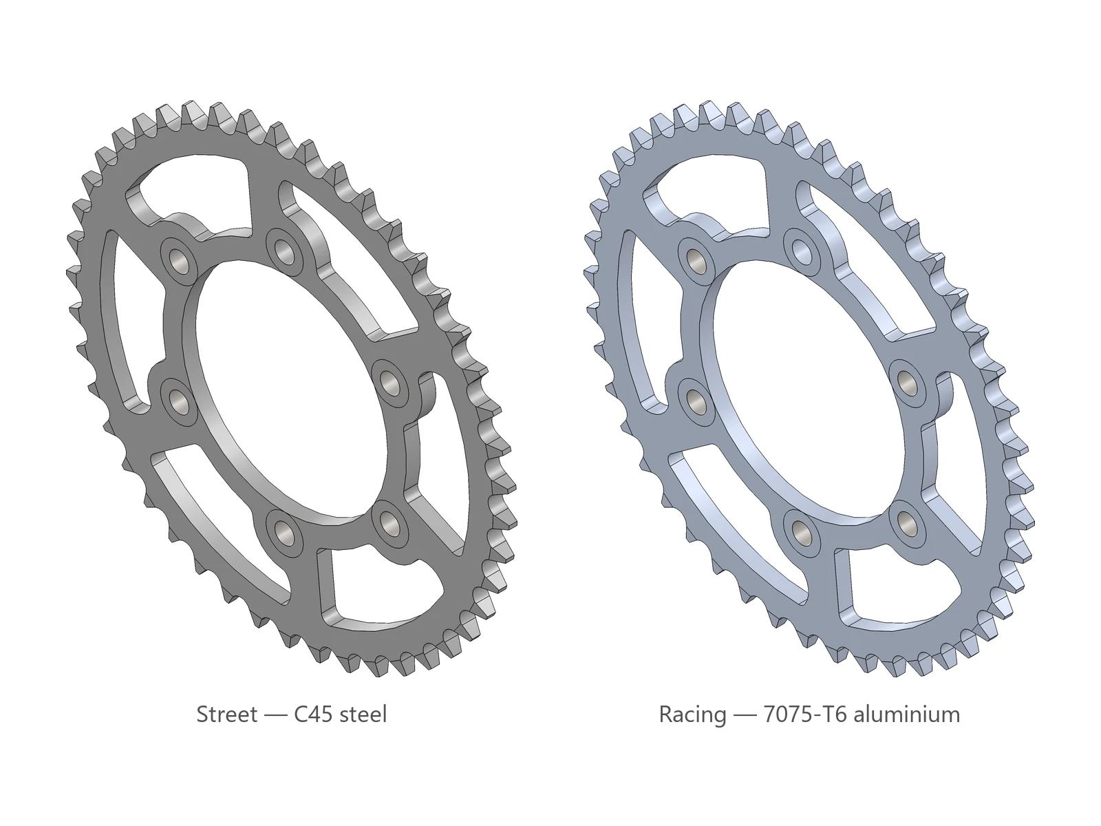 Corona trasera, versiones de calle y de competición, render de SolidWorks