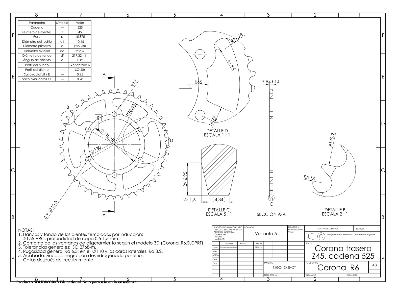 Plano de fabricación A3 de la corona trasera Z45, cadena 525